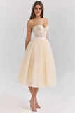 Strapless A-Line Vintage Cream Tulle Midi Party Dress