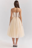 Strapless A-Line Vintage Cream Tulle Midi Party Dress