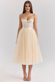 Strapless A-Line Vintage Cream Tulle Midi Party Dress