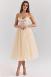 Strapless A-Line Vintage Cream Tulle Midi Party Dress