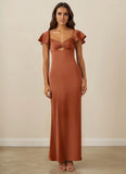 Flutter Sleeve Stretch Satin Sheath Bridesmaid Dress