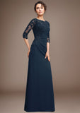 A-line Scoop Floor-Length Chiffon Lace Mother of the Bride Dress With Sequins Beading Pleated