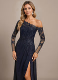 Trumpet/Mermaid Asymmetrical Illusion Floor-Length Lace Chiffon Evening Dress With Sequins