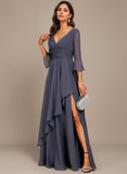 A-line V-Neck Floor-Length Chiffon Mother of the Bride Dress With Cascading Ruffles