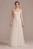 Spaghetti Strap Sweetheart 3D Floral & Vine Applique Tulle Wedding Dress with Train