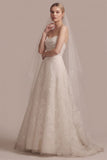 Strapless Floral Embroidered Tulle Pockets A-Line Wedding Dress with Train