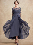 A-line Scoop Illusion Asymmetrical Lace Chiffon Mother of the Bride Dress With Cascading Ruffles