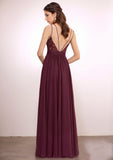 A-line V-Neck Floor-Length Lace Chiffon Bridesmaid Dress With Ruffle