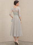 A-line Scoop Illusion Tea-Length Chiffon Lace Mother of the Bride Dress With Sequins Beading