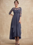 A-line Scoop Illusion Asymmetrical Lace Chiffon Mother of the Bride Dress With Cascading Ruffles