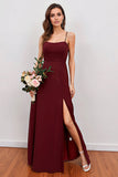 Spaghetti Straps Scoop Neck Long Stretch Satin Bridesmaid Dress with Split