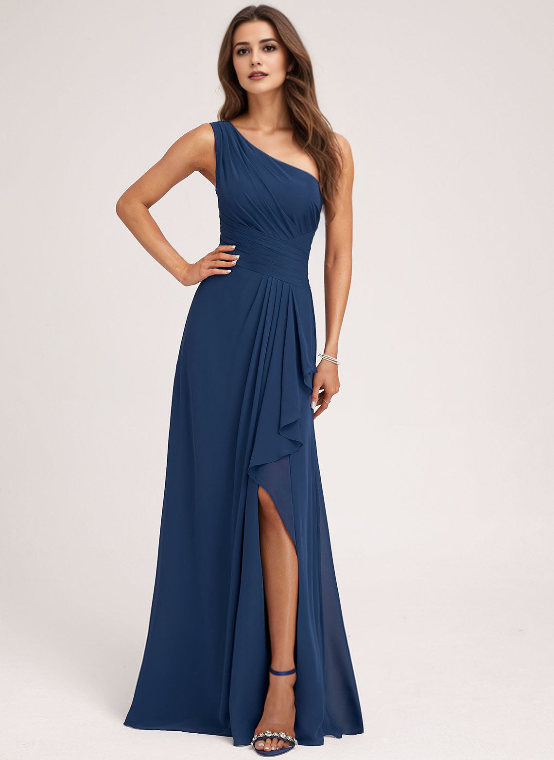 A-line One Shoulder Floor-Length Chiffon Bridesmaid Dress With Ruffle – RoseProm