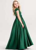 Ball-Gown/Princess Scoop Floor-Length Satin Lace Junior Bridesmaid Dress With Bow