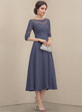 A-line Scoop Illusion Tea-Length Chiffon Lace Mother of the Bride Dress With Sequins Beading