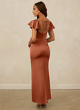 Flutter Sleeve Stretch Satin Sheath Bridesmaid Dress