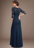 A-line Scoop Floor-Length Chiffon Lace Mother of the Bride Dress With Sequins Beading Pleated