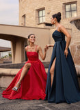 A-line Straight Floor-Length Satin Prom Dresses With Pleated