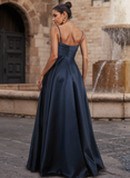 A-line Straight Floor-Length Satin Prom Dresses With Pleated