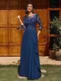 A-line Scoop 3/4 Sleeves Appliques Lace Floor-Length Chiffon Mother of the Bride Dress