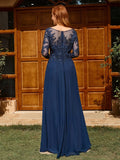 A-line Scoop 3/4 Sleeves Appliques Lace Floor-Length Chiffon Mother of the Bride Dress