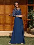 A-line Scoop 3/4 Sleeves Appliques Lace Floor-Length Chiffon Mother of the Bride Dress