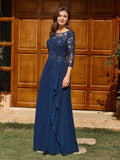 A-line Scoop 3/4 Sleeves Appliques Lace Floor-Length Chiffon Mother of the Bride Dress