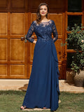 A-line Scoop 3/4 Sleeves Appliques Lace Floor-Length Chiffon Mother of the Bride Dress