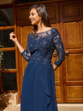 A-line Scoop 3/4 Sleeves Appliques Lace Floor-Length Chiffon Mother of the Bride Dress