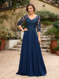 A-Line/Princess Chiffon Applique V-neck 3/4 Sleeves Floor-Length Mother of the Bride Dresses