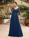 A-Line/Princess Chiffon Applique V-neck 3/4 Sleeves Floor-Length Mother of the Bride Dresses