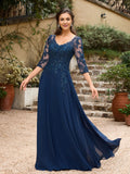 A-Line/Princess Chiffon Applique V-neck 3/4 Sleeves Floor-Length Mother of the Bride Dresses