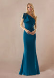 One Shoulder Fit and Flare Evening Gown in Stretch Crepe Wedding Guest Dress