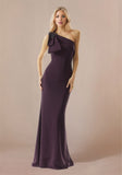 One Shoulder Fit and Flare Evening Gown in Stretch Crepe Wedding Guest Dress